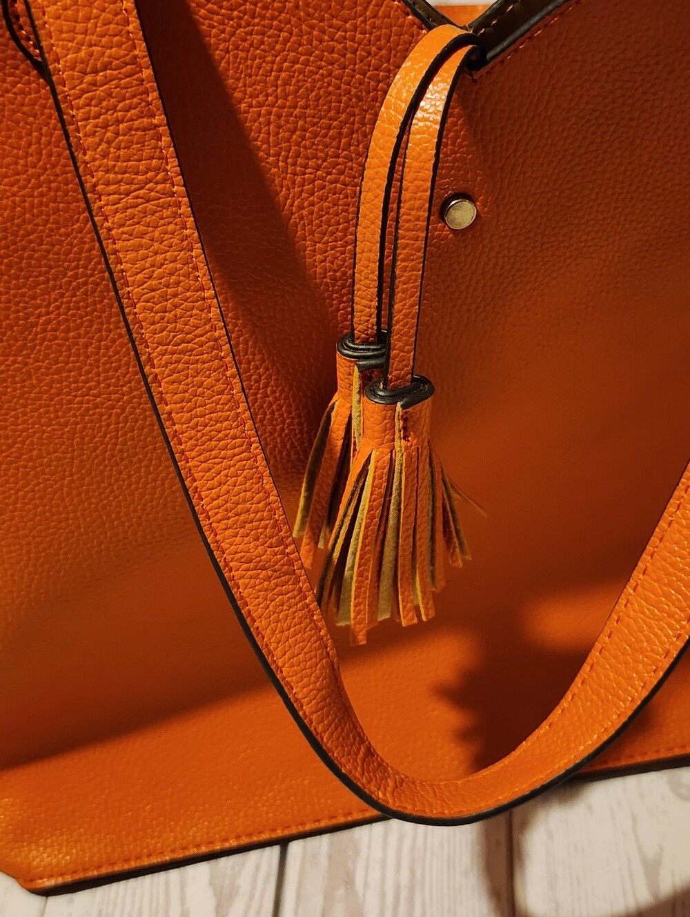 Neiman Marcus Orange Pebbled Leather Tassel Tote Shoulder Bag - Picture 3 of 9